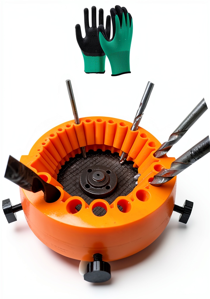 xupai drill bit sharpener attached to angle grinder in a workshop